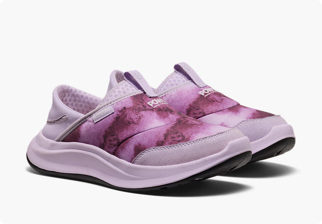 Product shot of women's slip-on Whyser shoe with bright pink gradient design
