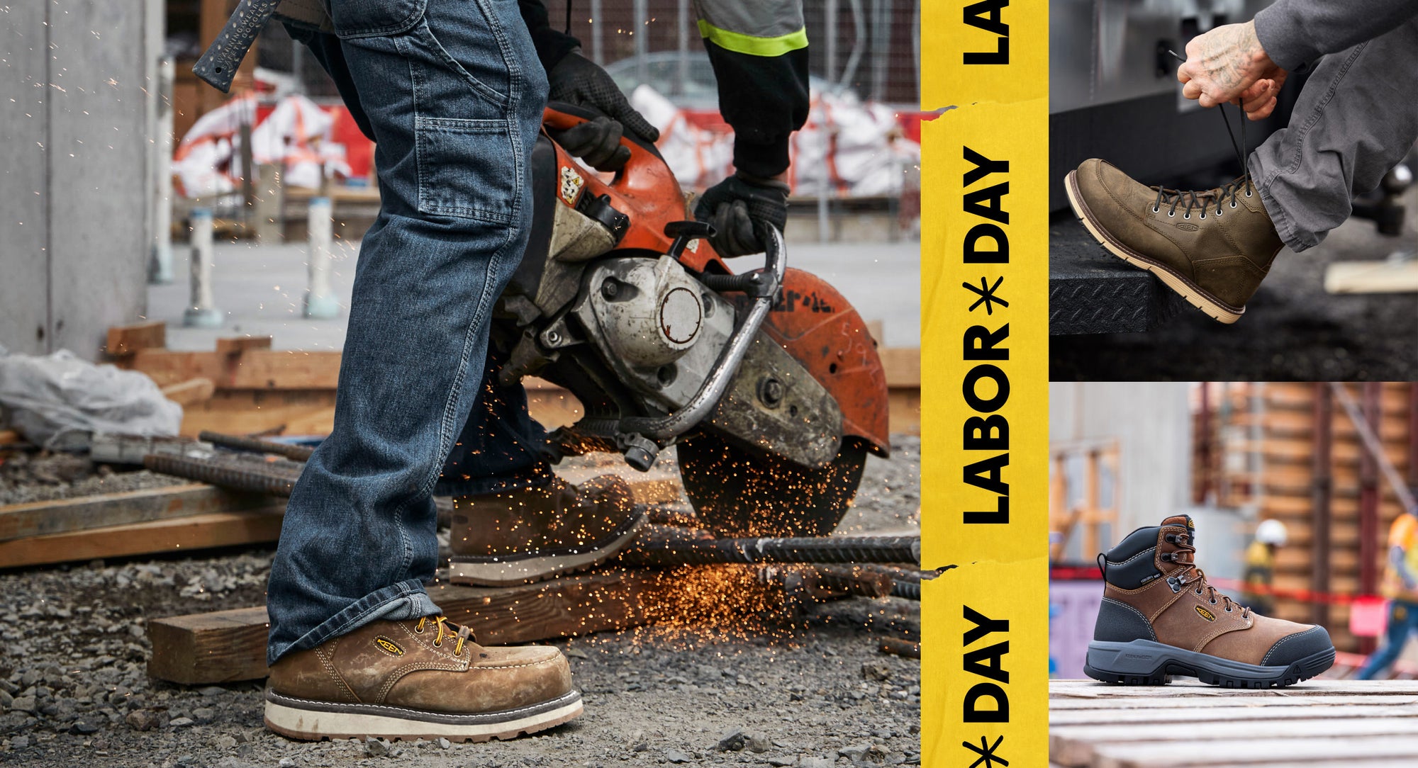 Collage of three images featuring three styles of KEEN leather work boots in construction, warehouse, and manufacturing settings.  Embedded text reads "Labor Day" in yellow.