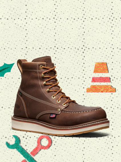 Product shot of a brown leather work boot with a rugged sole and sleek design overlayed on vintage holiday wrapping paper.