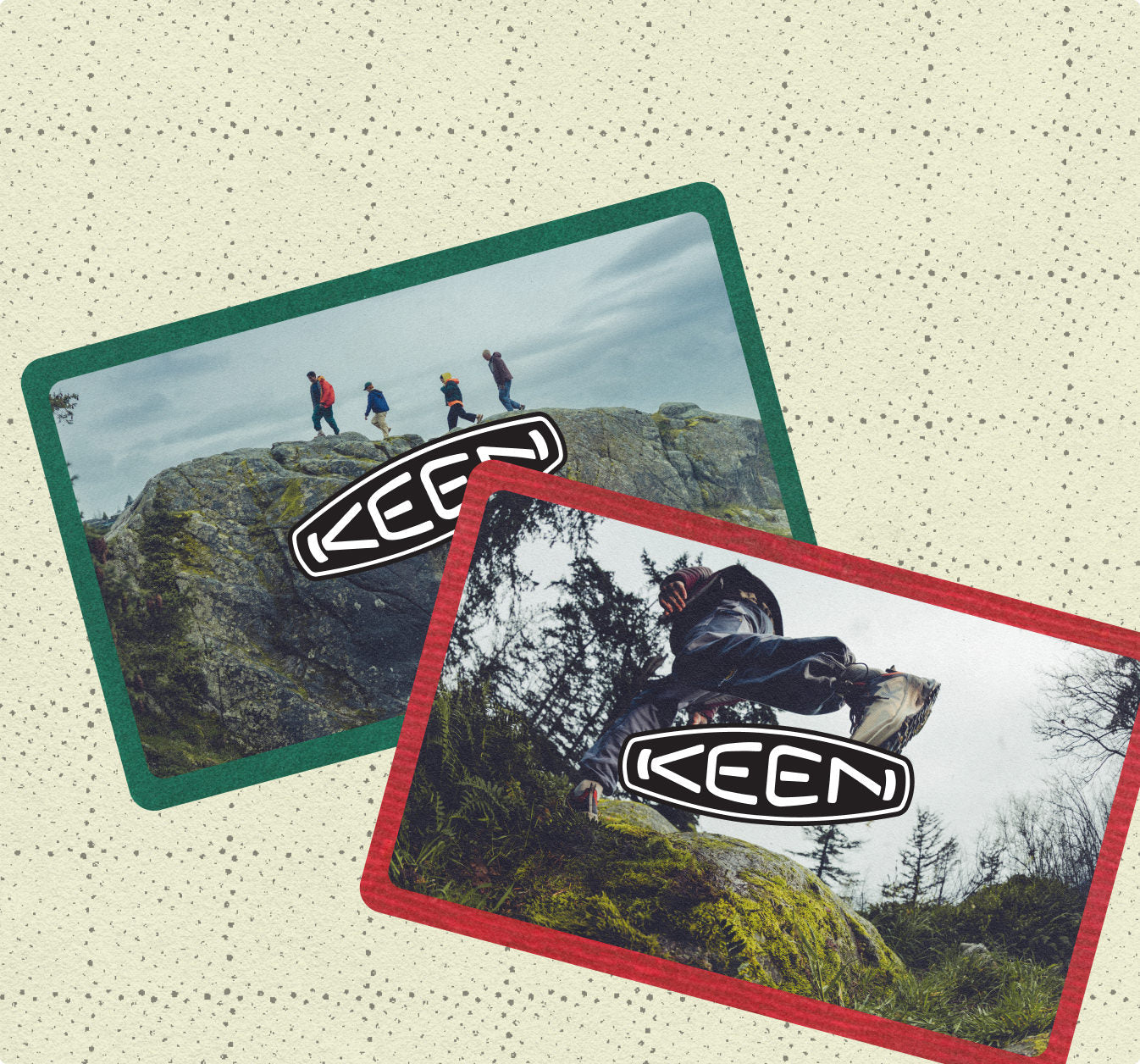 Two KEEN gift cards overlayed on vintage wrapping paper.