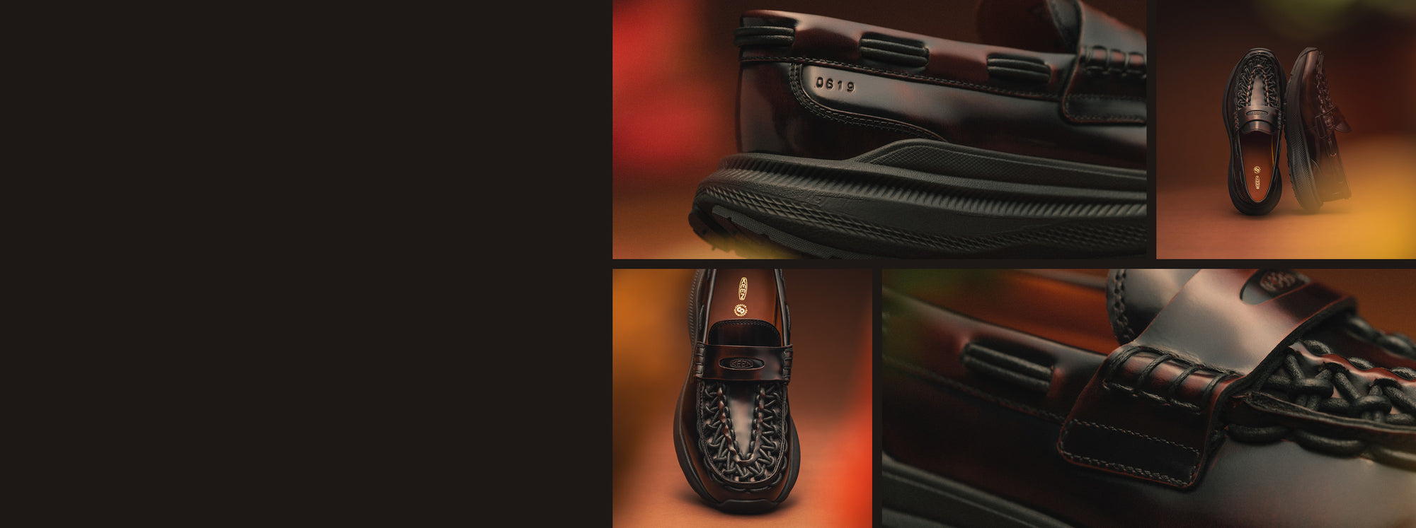 A collage featuring stylistic shots featuring the KEEN Uneek Loafer Walk, displaying a sleek reddish brown leather, a corded lace design, and a curved sole for walking. 