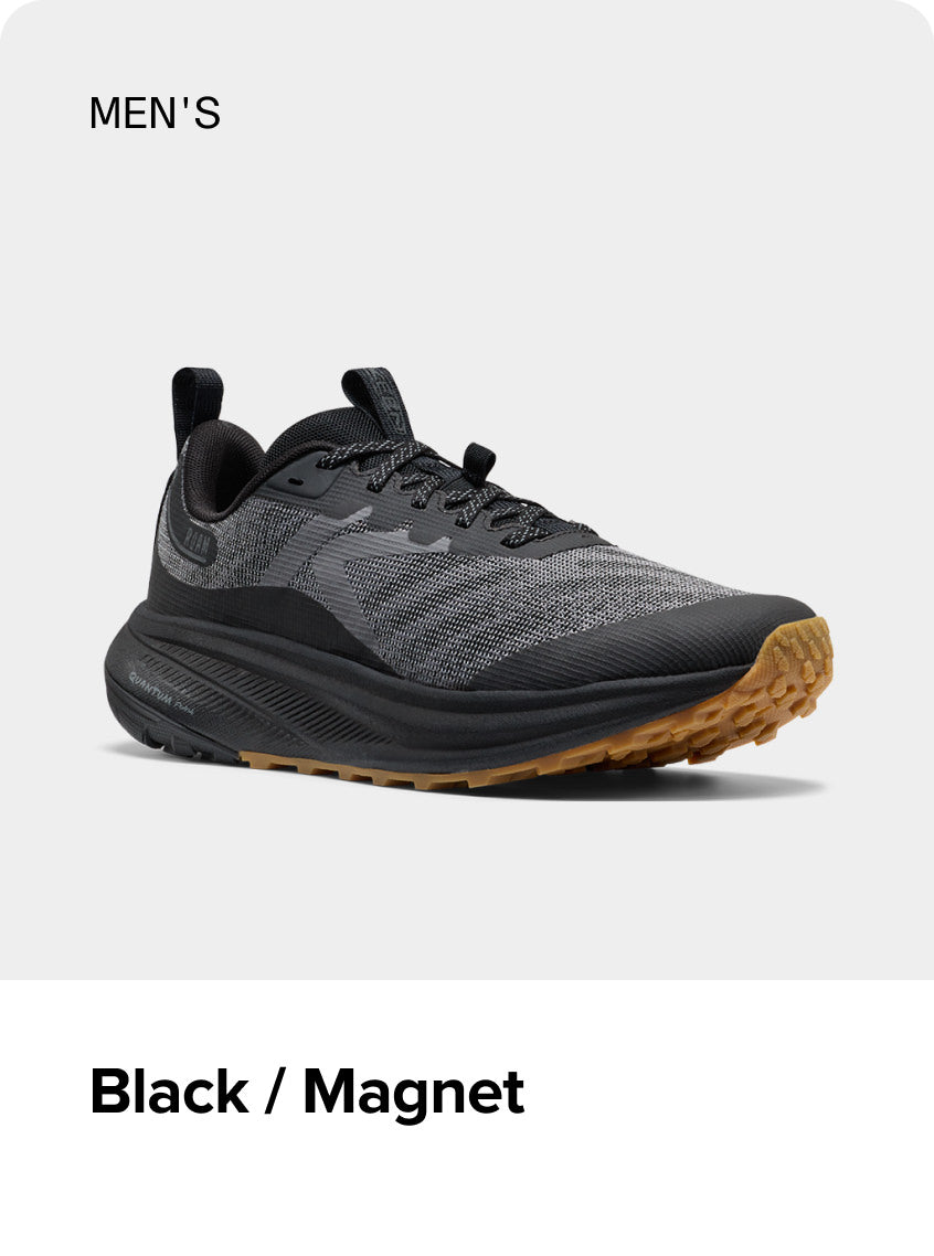 Product shot of men's Black and Magnet Roam trail-running shoe.
