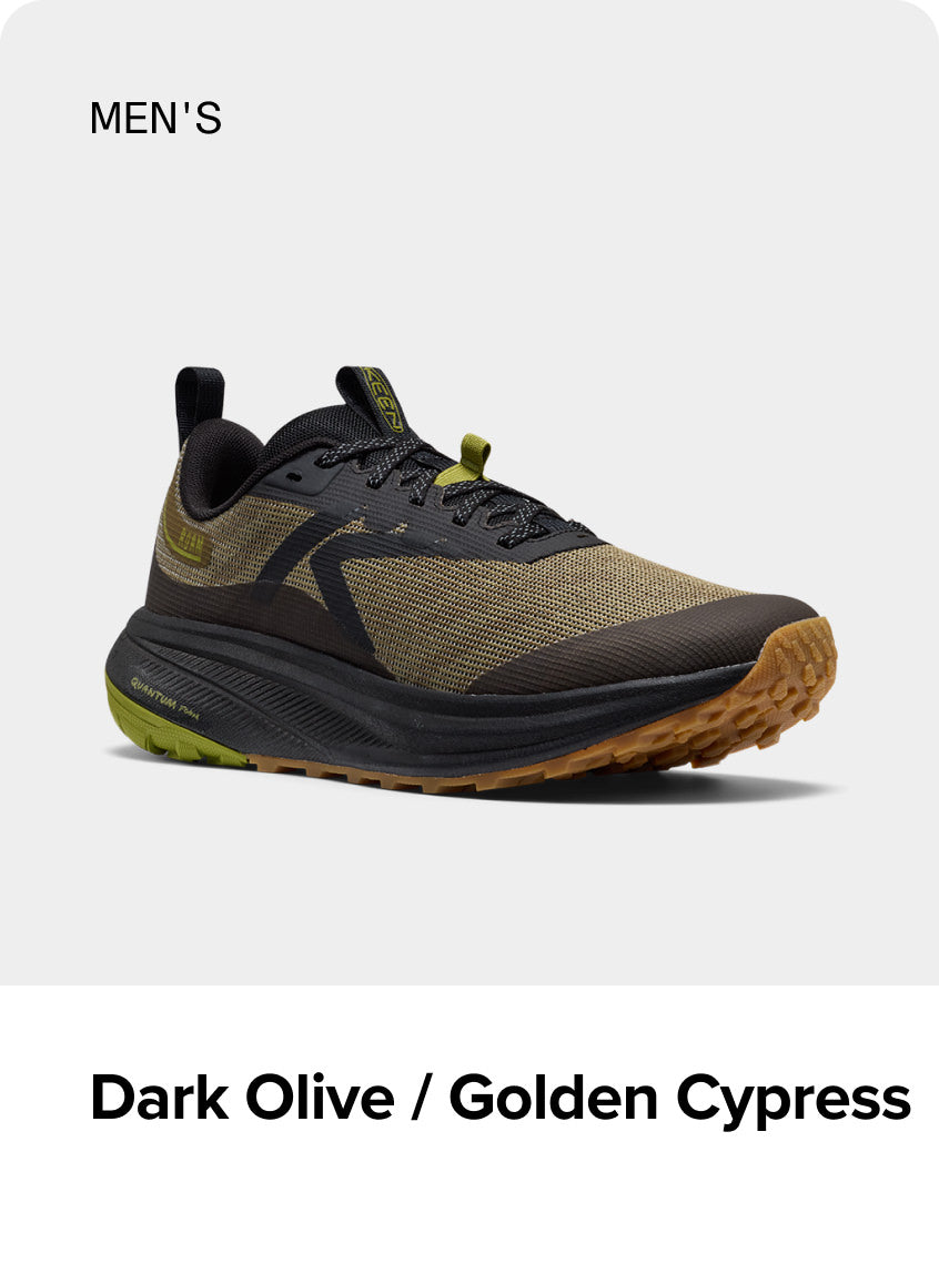 Product shot of Men's Dark Olive and Golden Cypress Roam trail-running shoe.