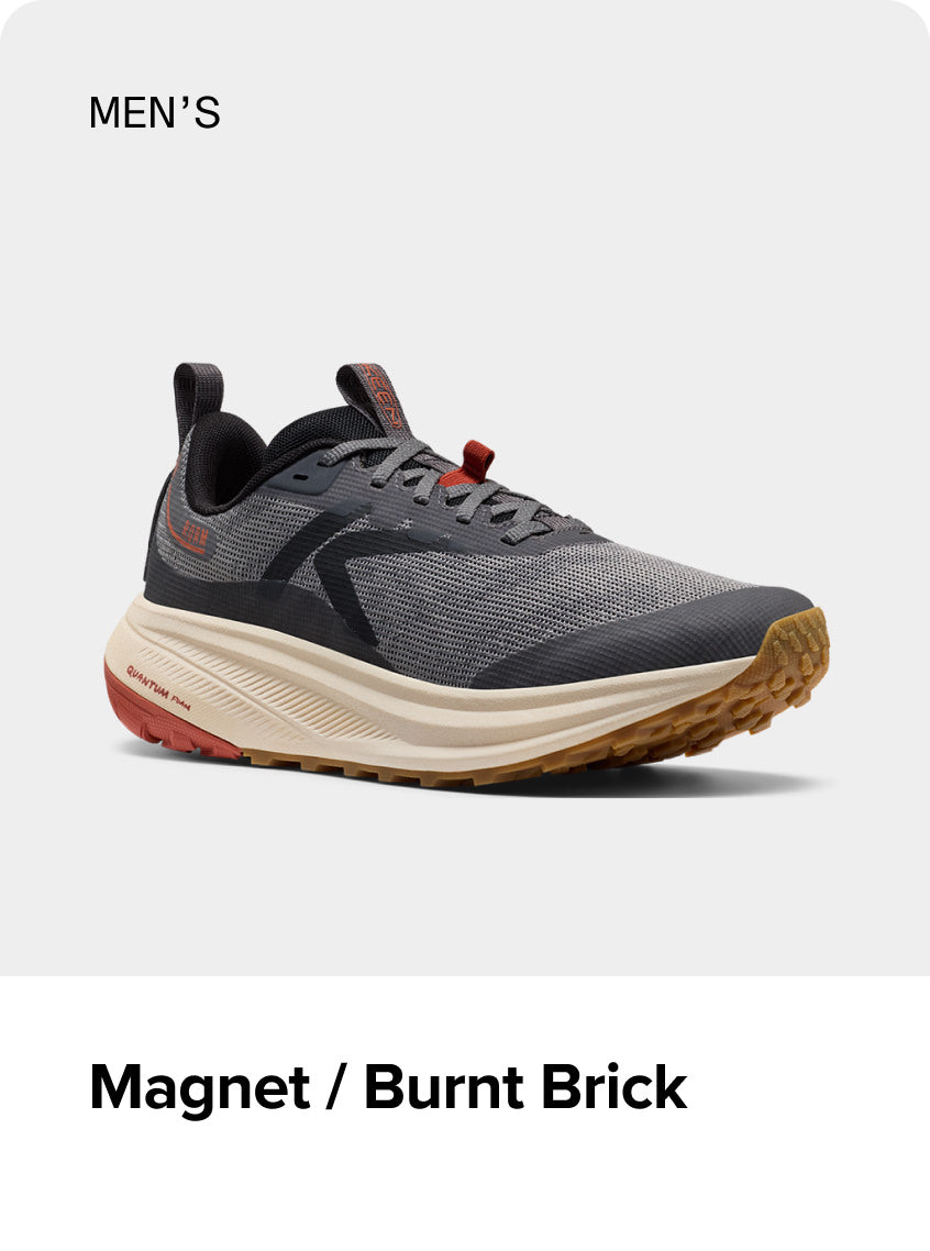 Product shot of men's Magnet and Burnt Brick Roam trail-running shoe.