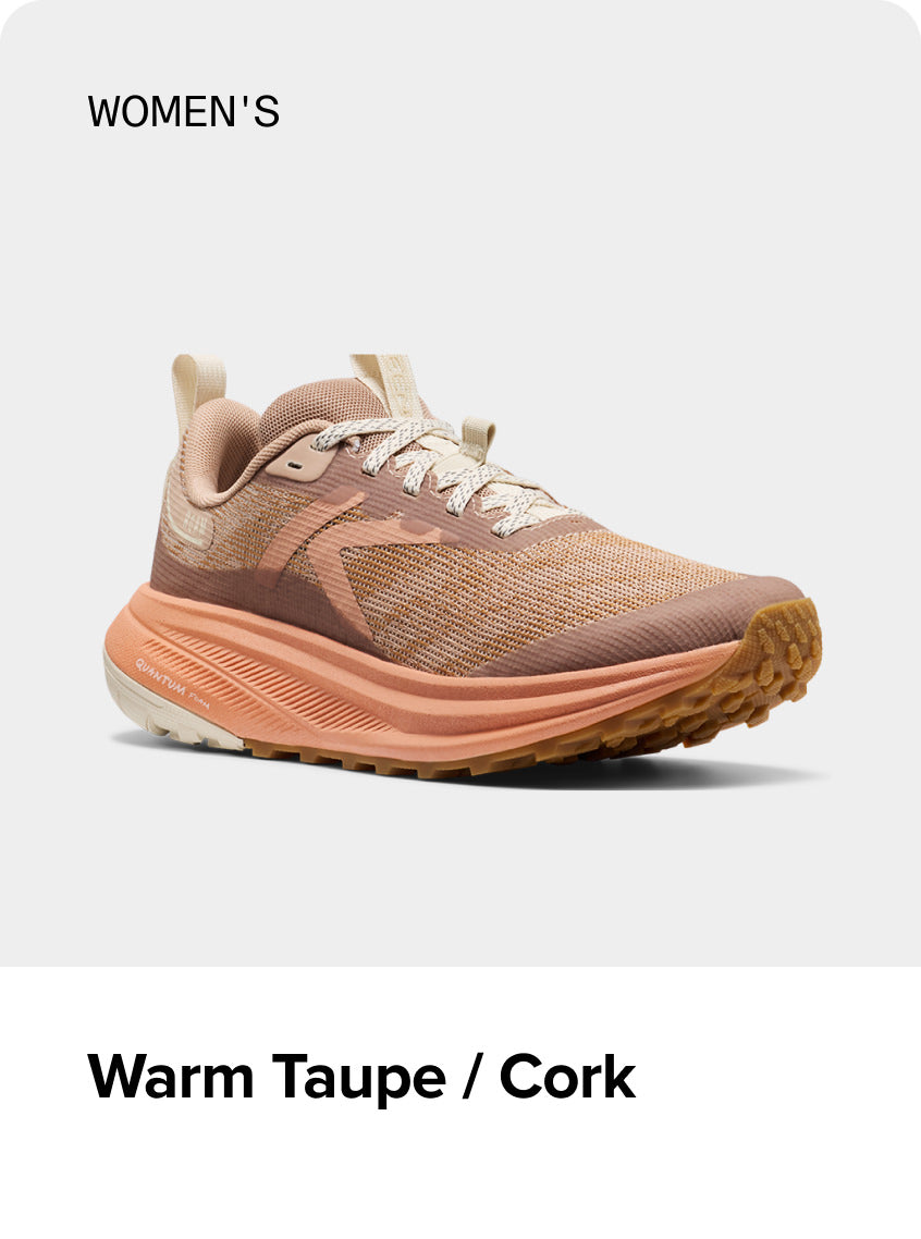 Product shot of women's Warm Taupe and Cork Roam trail-running shoe.