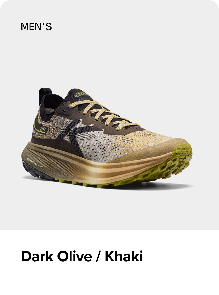 Product shot of men's Dark Olive and Khaki Seek trail-running shoe.
