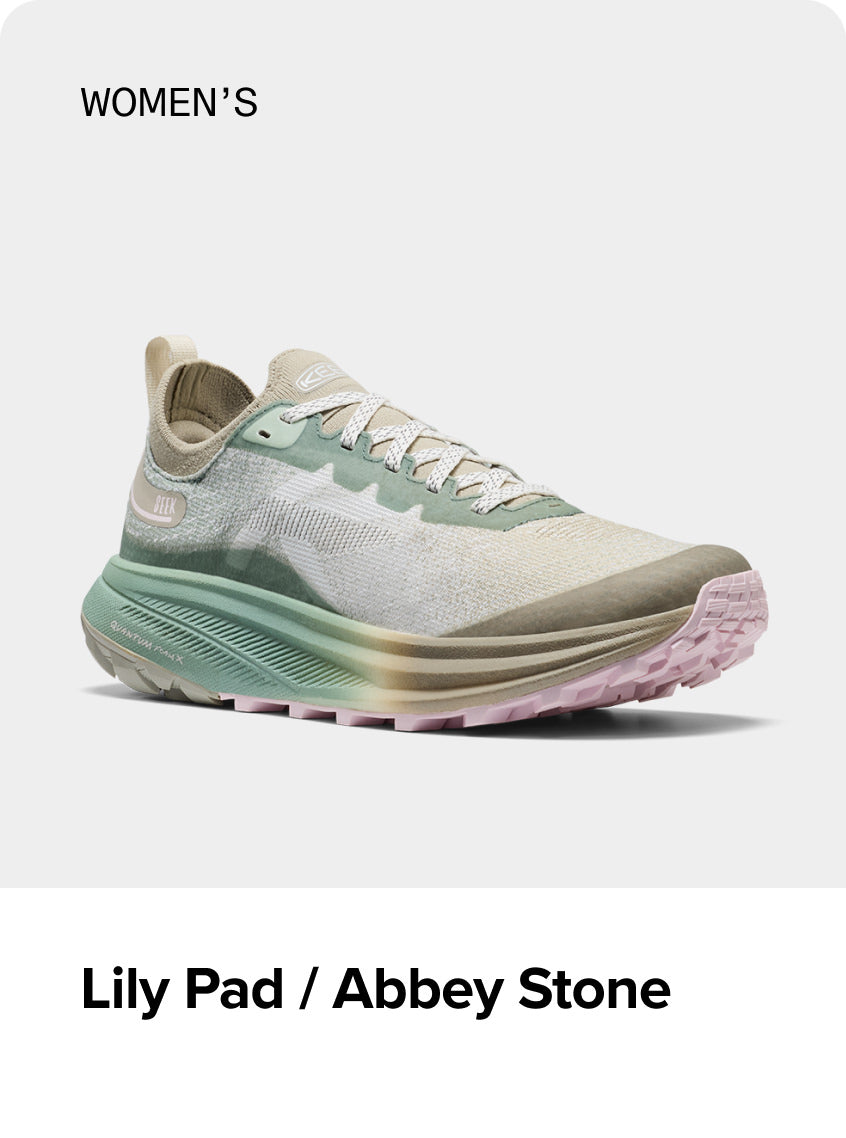 Product shot of women's Lily Pad and Abbey Stone trail-running shoe.