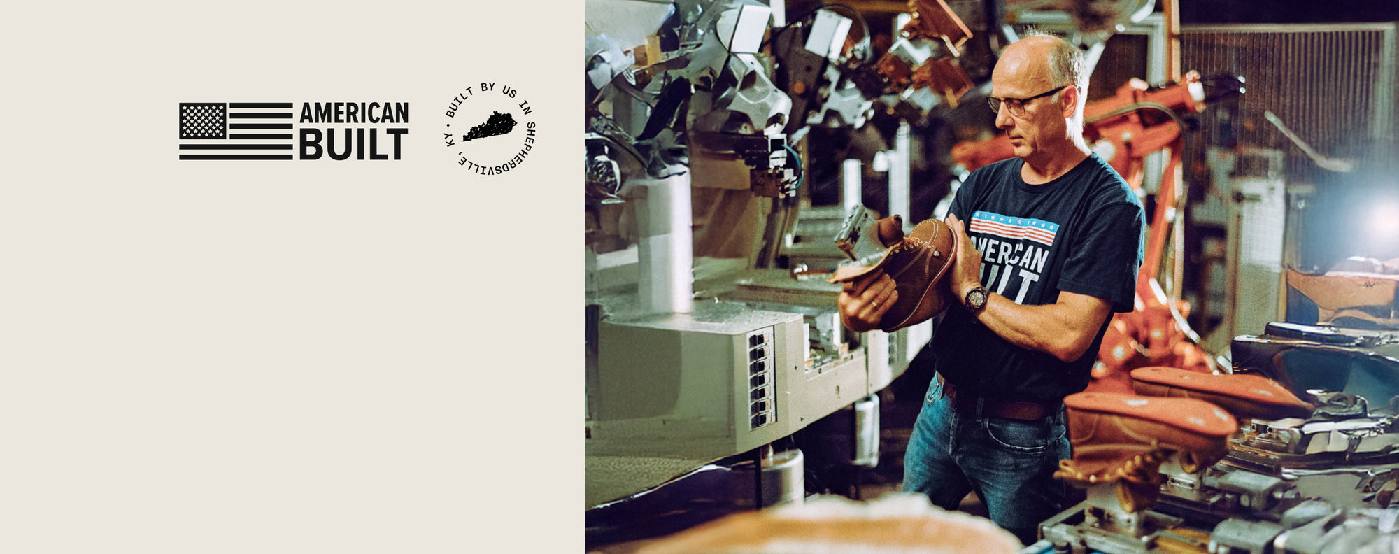 Man inspecting a brown leather boot in a factory, wearing an ‘American Built’ shirt with U.S.-made branding