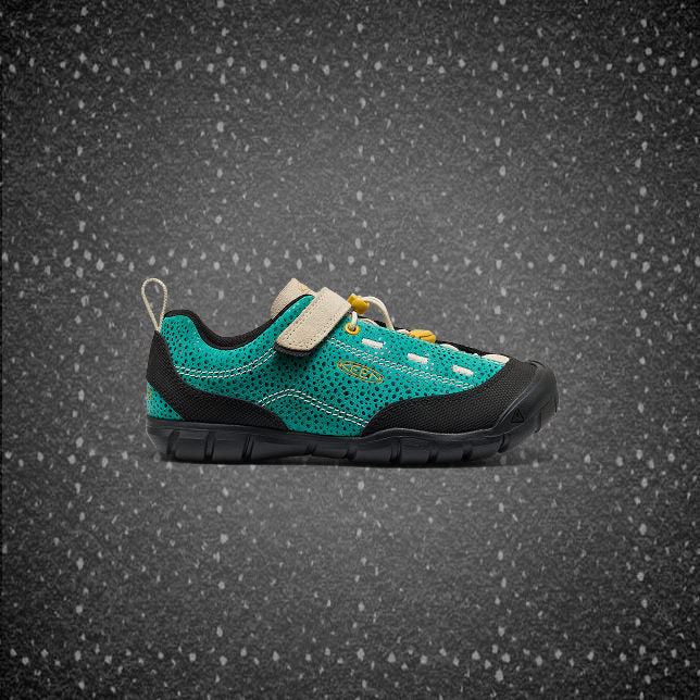 Kids turquoise, tan and black Jasper casual shoe featuring a trendy polka dot design and velcro strap for easy and fun wear. 