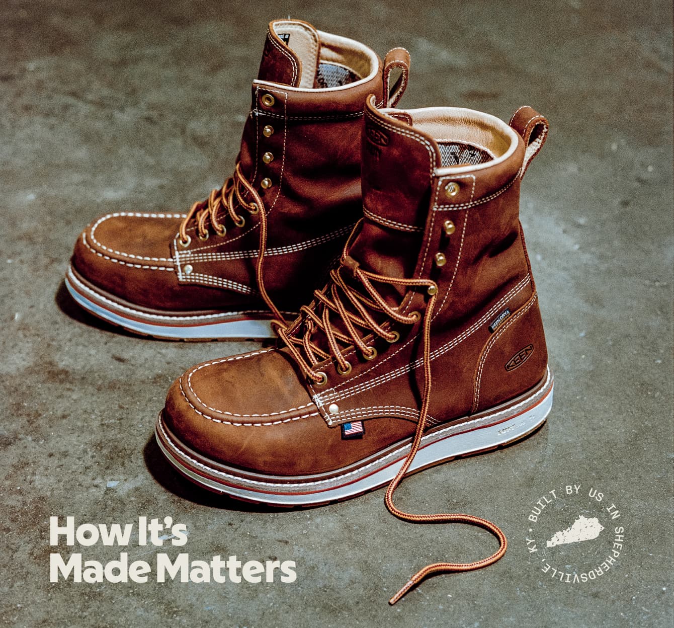 KEEN Liberty work boots displayed with the phrase "How it's Made Matters," focusing on the significance of ethical manufacturing.
