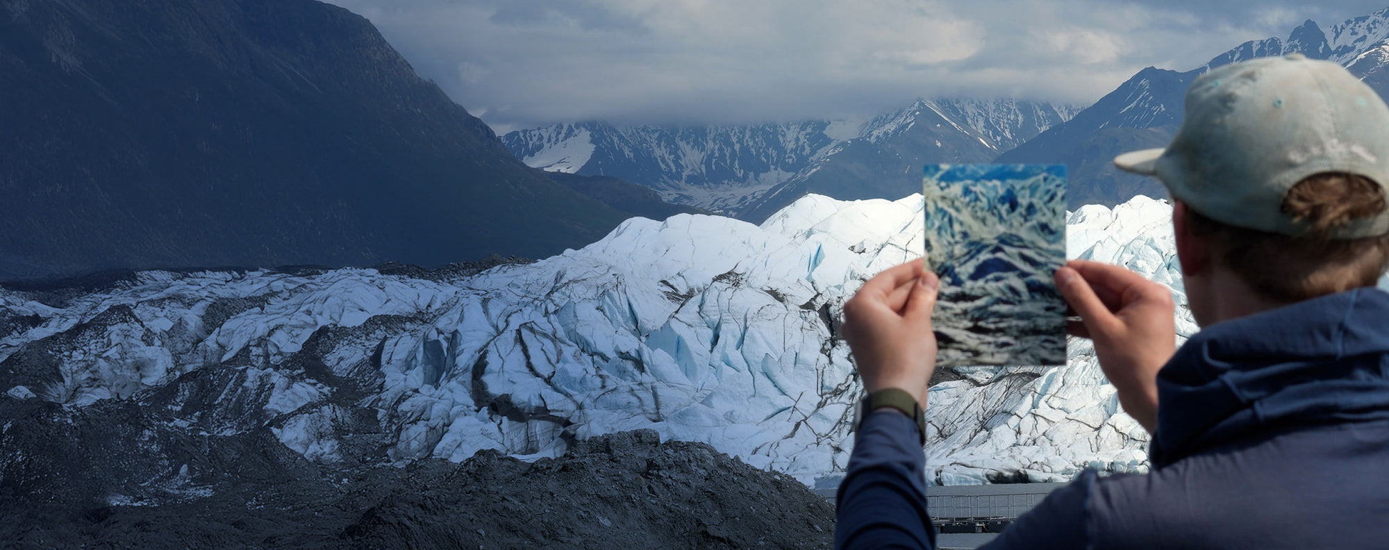 Max lines up painting with actual glacier for new film Glacier Speak.