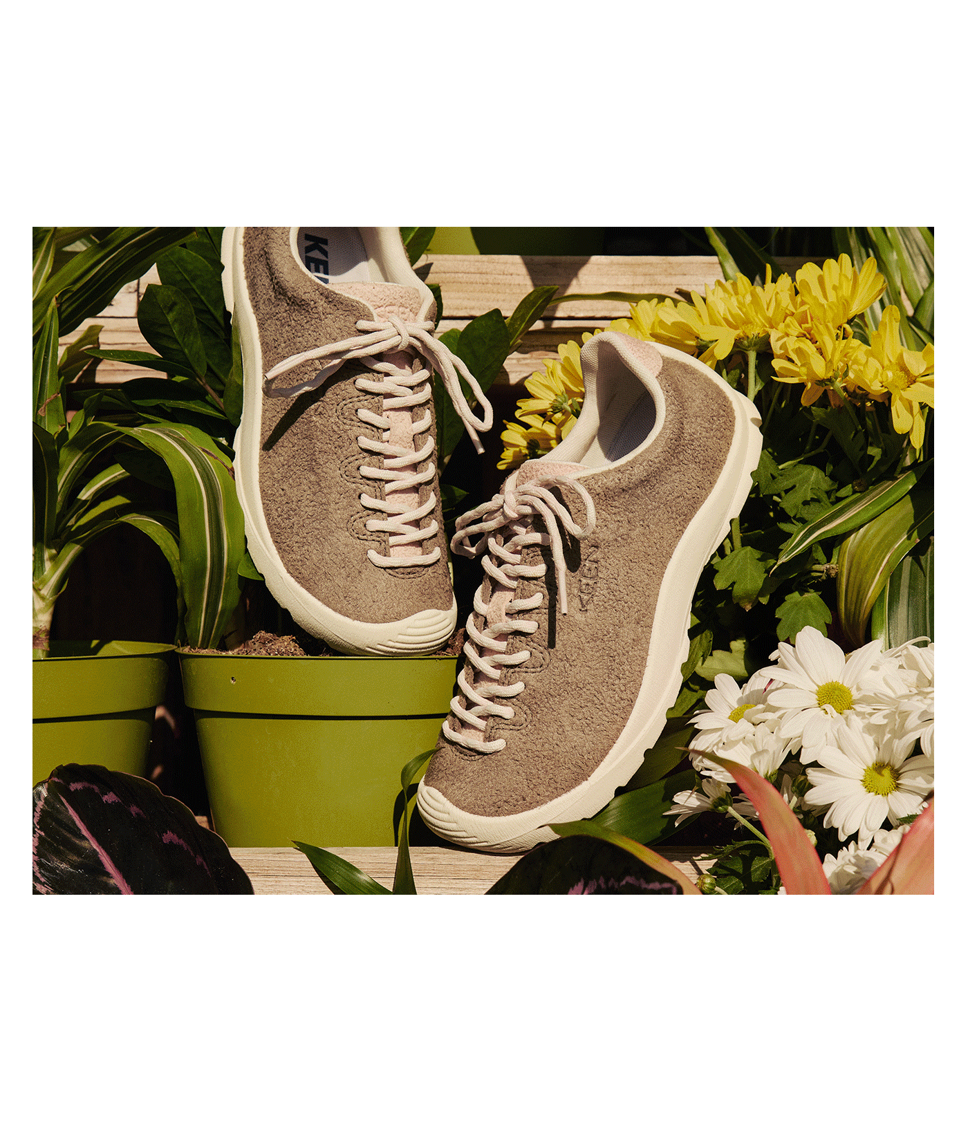 Gif of various spring shots of the KEEN Made Jaser Lite sneakers being worn by stylish women and product shots among florals. 