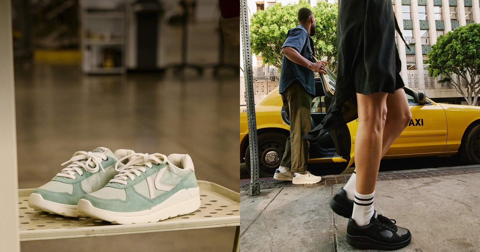 Collage of two images. One featuring  teal KM1 joggers in a factory setting, and the other featuring two people wearing KM2 joggers while getting out of a taxi in a city setting.  