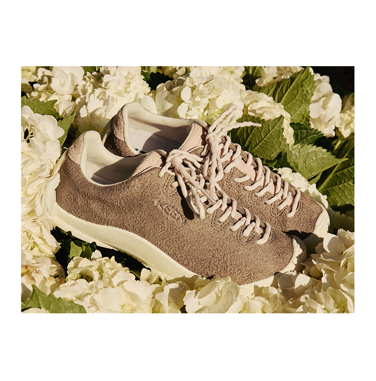 Gif of various spring shots of the KEEN Made Jaser Lite sneakers being worn by stylish women and product shots among florals. 