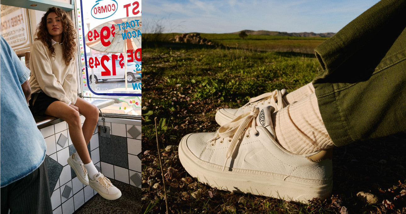 Collage of two photos feature a woman wearing white and tan KM1 leather sneakers in flower field and in a taco shop. 