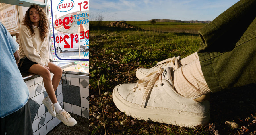Collage of two photos feature a woman wearing white and tan KM1 leather sneakers in flower field and in a taco shop. 