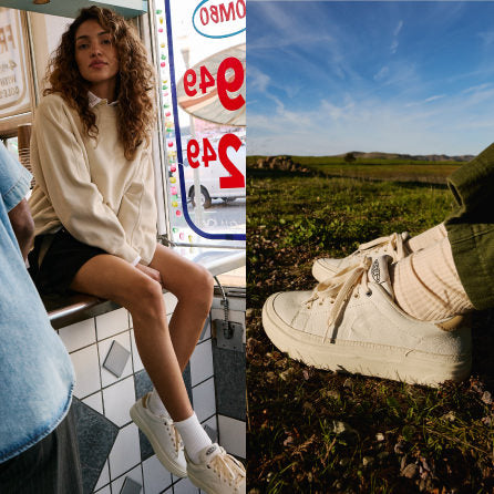 Collage of two photos feature a woman wearing white and tan KM1 leather sneakers in flower field and in a taco shop. 