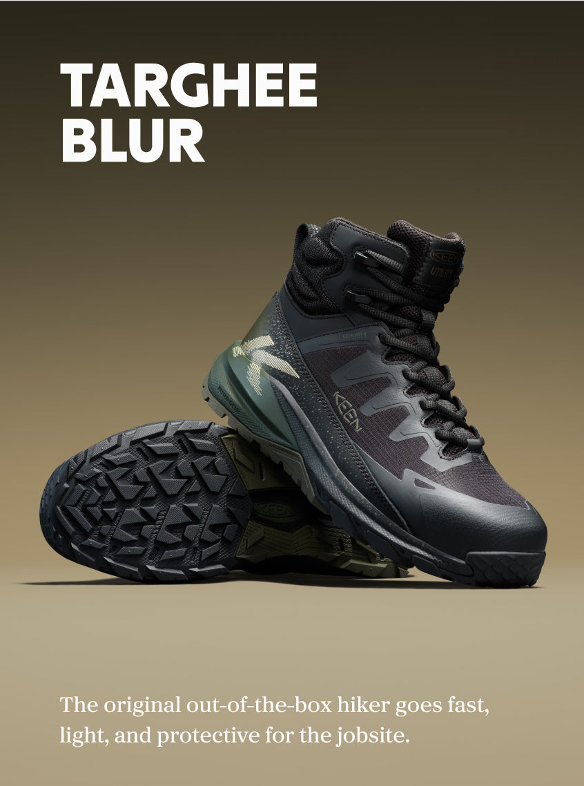  Product shot of Targhee Blur. Text reads "Targhee Blur: The original out-of-the-box hiker goes fast, light, and protective for the jobsite."