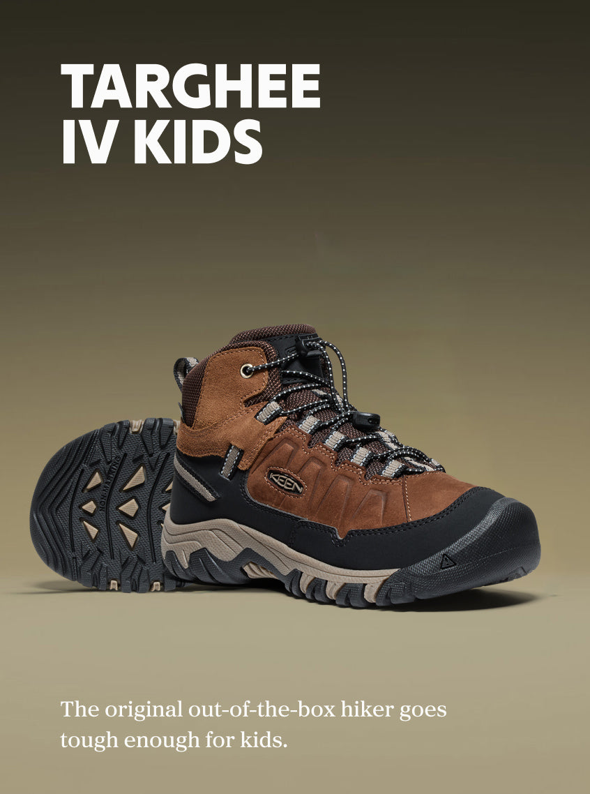  Product shot of Targhee IV Kids. Text reads "Targhee IV Kids: The original out-of-the-box hiker goes tough enough for kids."