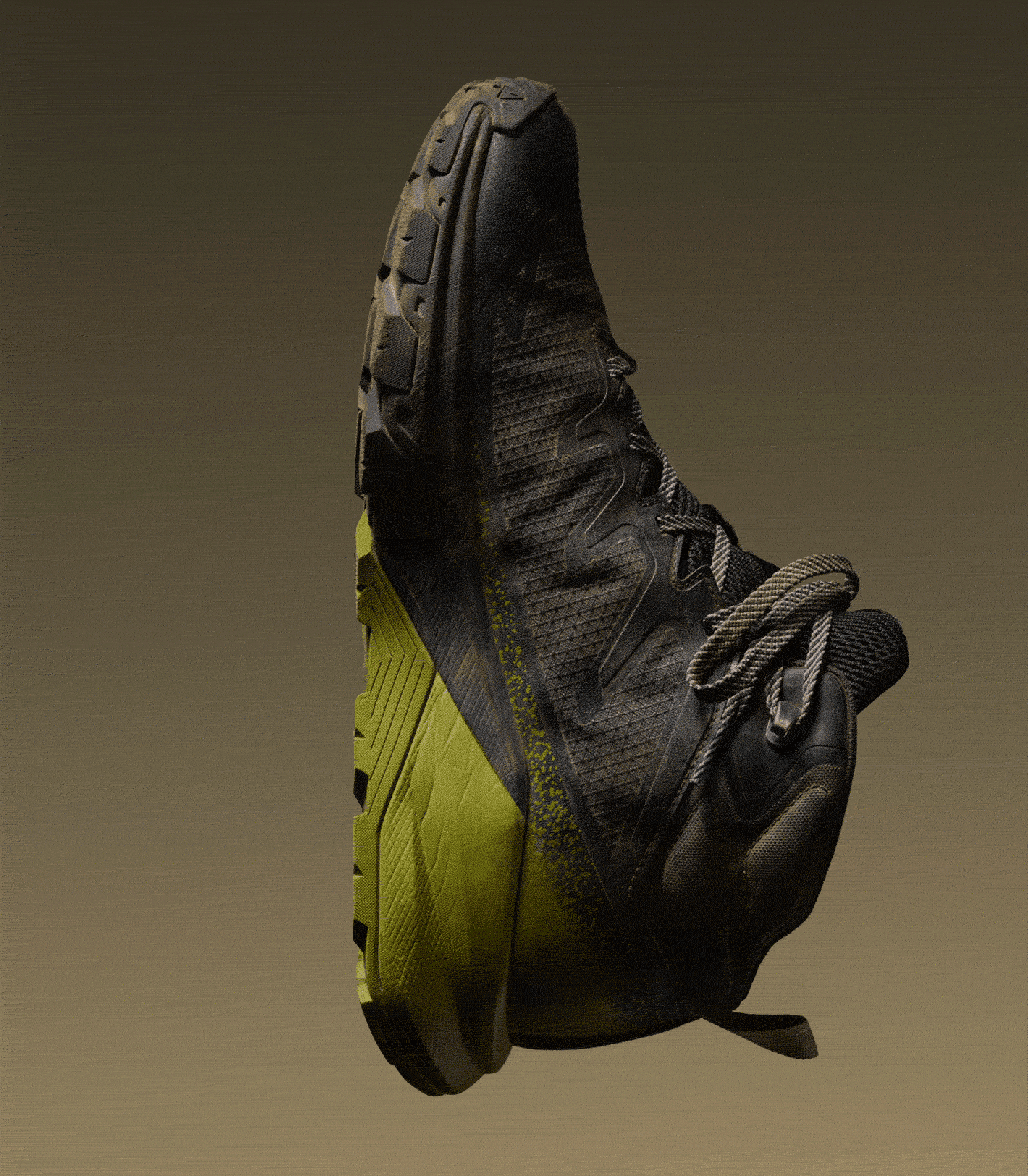 A Gif of the Targhee Apex hiking boot, a little dirty, showing front, side, and bottom view of the rugged hiker. 