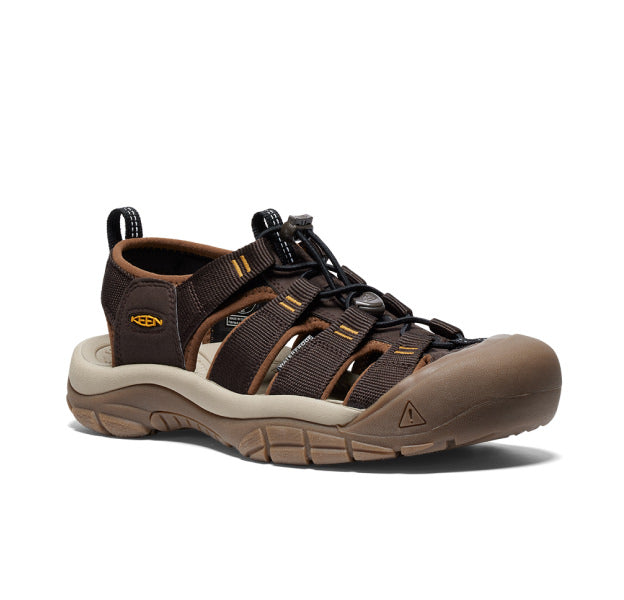 Studio shot of mens brown and tan Newport water sandal with closed toe protection. 