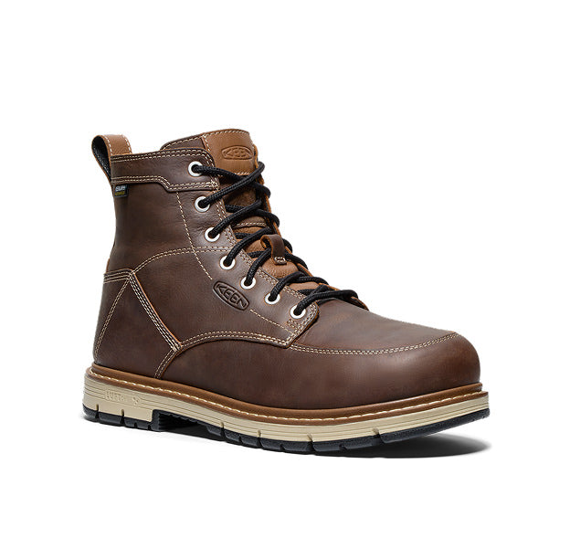 Studio shot of men's San Jose work boot in brown leather with a 90 degree heel 