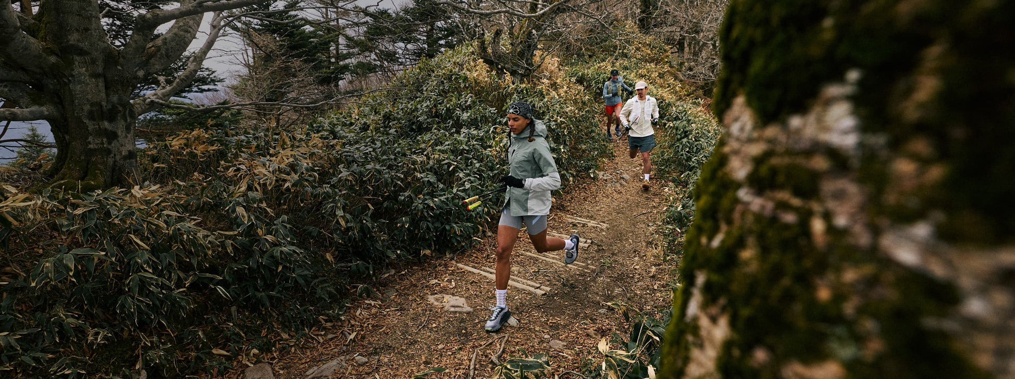 Three trail runners making strides on a dirt path in a heavily forested area on a coastal cliff. 