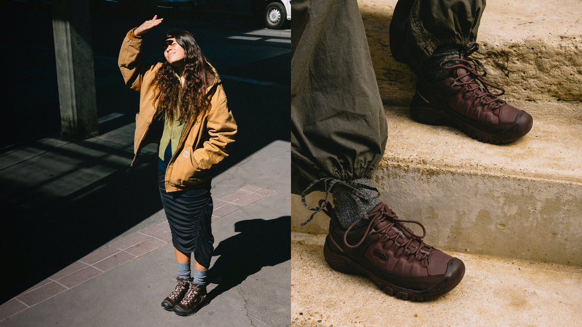 A collage of photos of a woman and man wearing various colors of leather Targhee boots and shoes with fall clothing. 