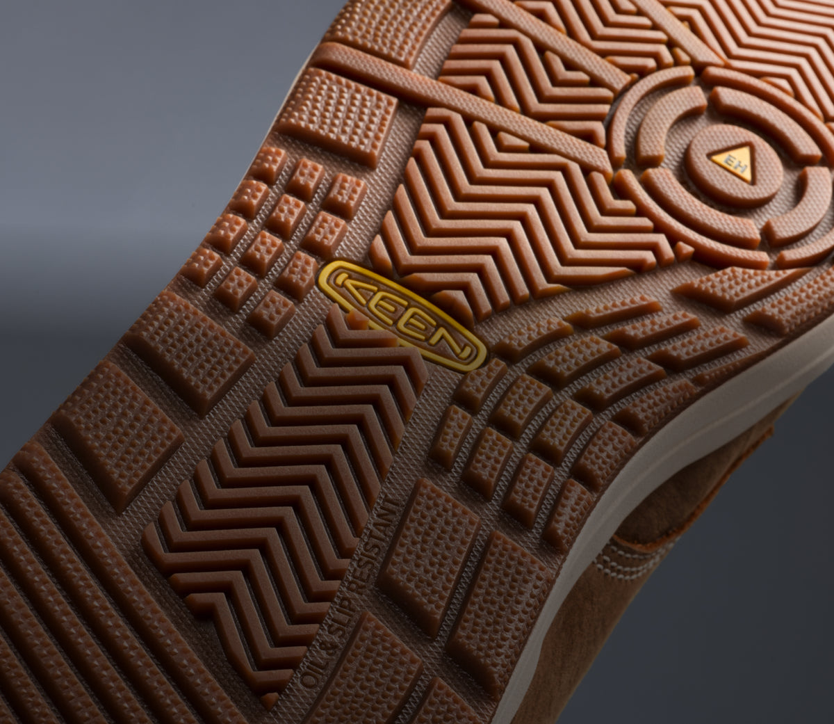 A close-up of the undersole of a Gibson work boot.