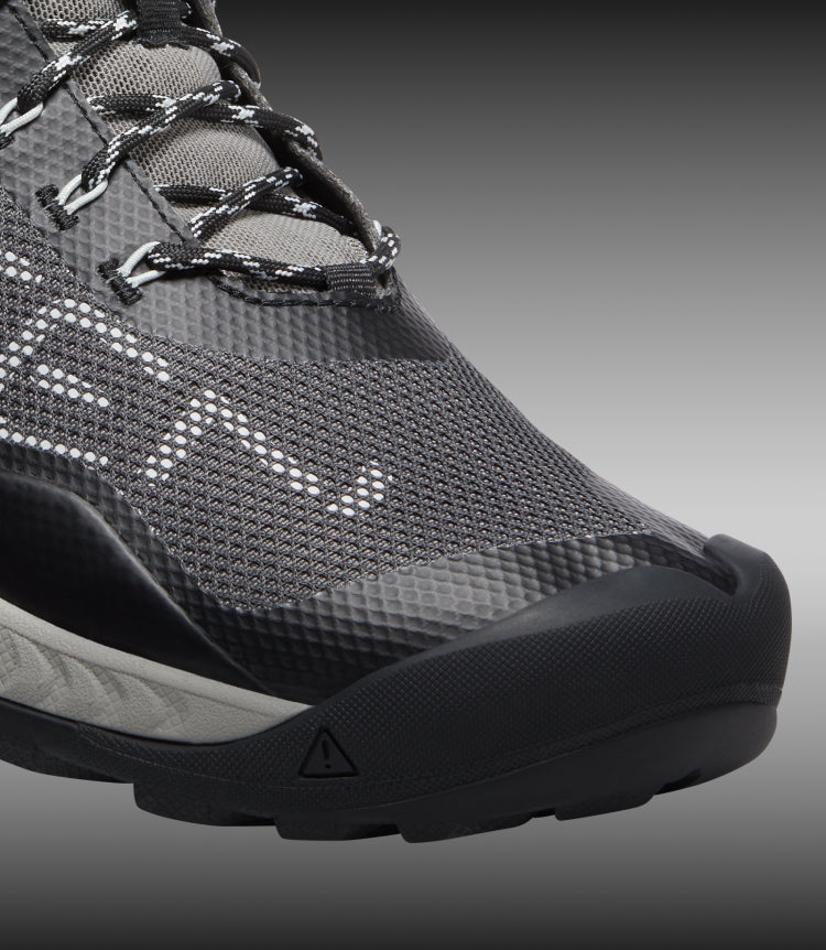 Closeup view of toe gaurd on NXIS hiking shoe. 