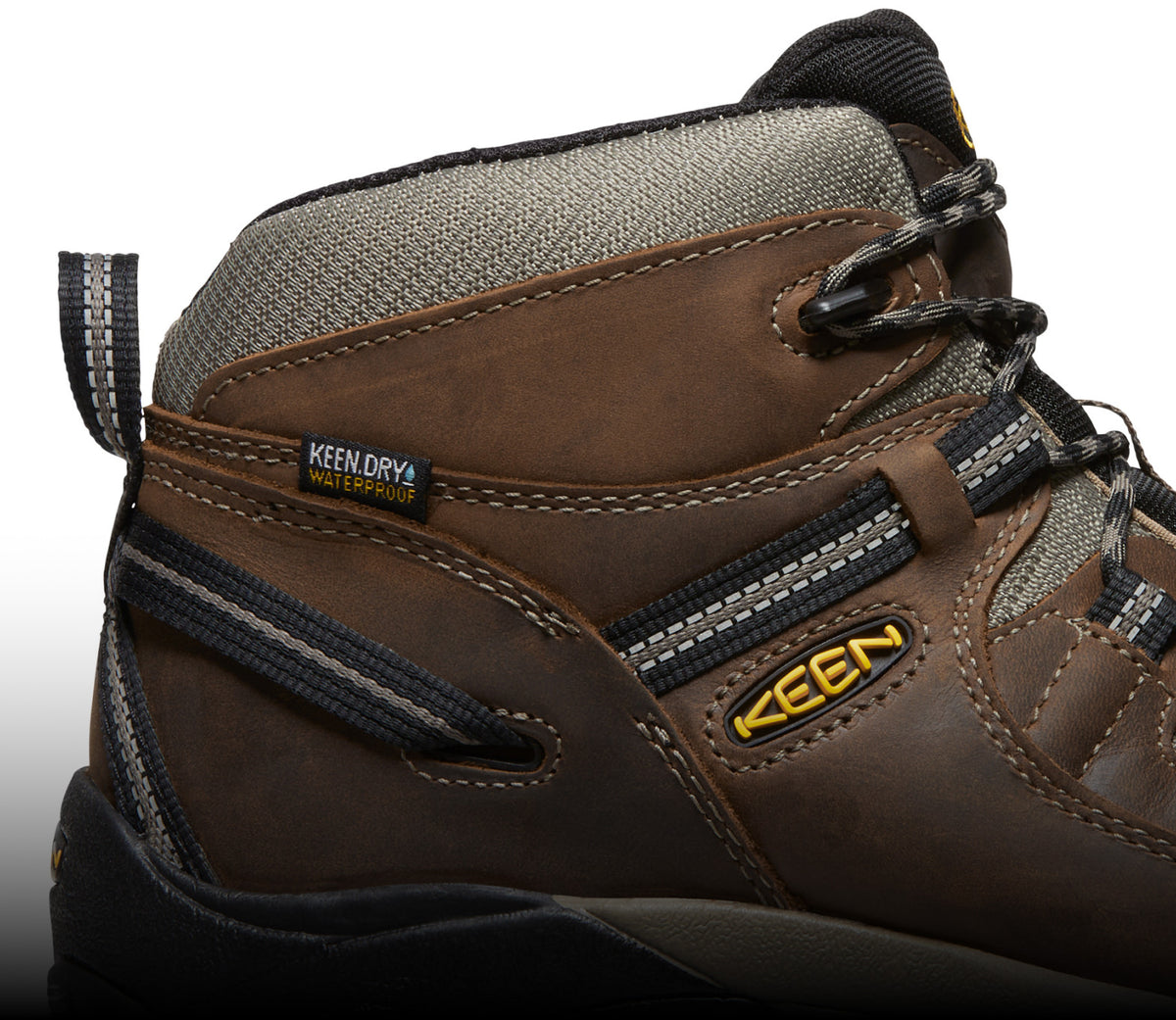 A close-up of a brown KEEN waterproof Targhee II Mid boot.