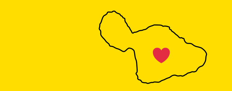 Graphic of Maui outlined with red heart in the middle over yellow background