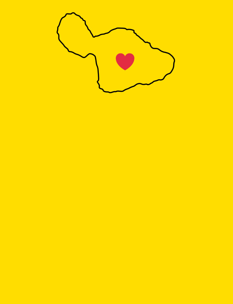 Graphic of Maui outlined with red heart in the middle over yellow background