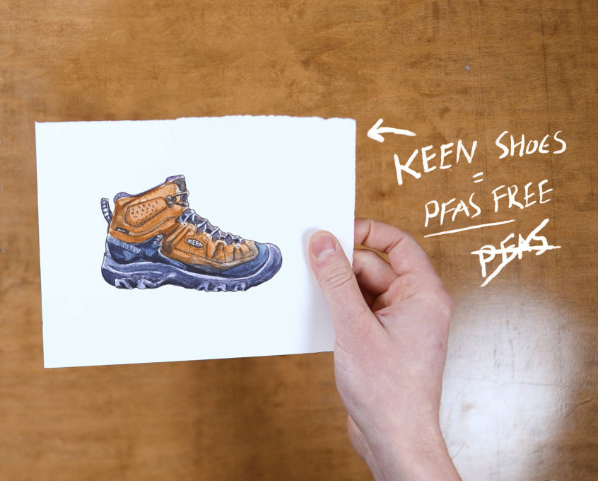 A hand holding a watercolor painting of Targhee hiking boot with text that reads "Keen shoes = PFAS Free"