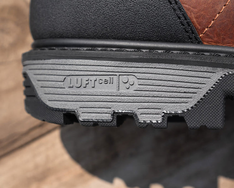 Closeup view of Luftcell stamp on heel of Camden work boot