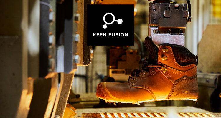 Keen fusion process taking place on a workboot by factory machine