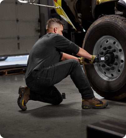 Man crouching in garage tightening screws on car wheel while wearing Troy workboots. 