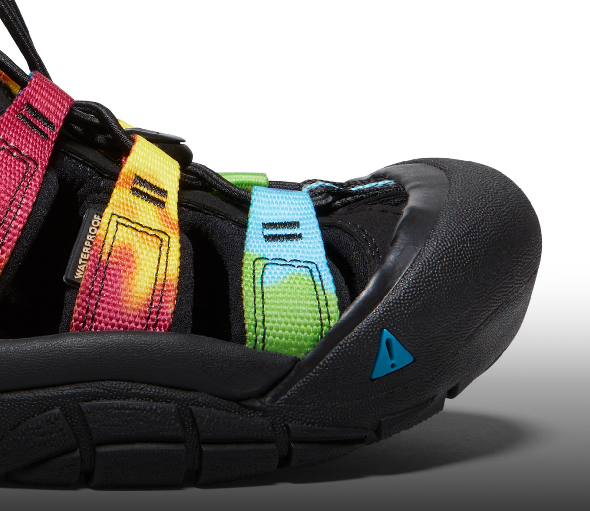 A close-up of the front of a tie-dye Newport H2 sandal.