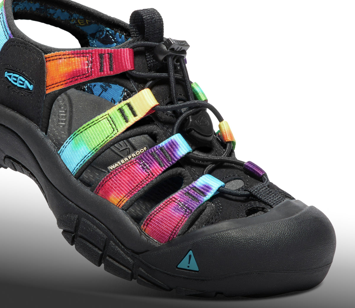 A black KEEN Newport H2 sandal with tie-dye straps.