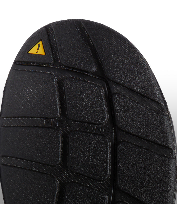 A close-up of the black undersole of a UNEEK sandal.