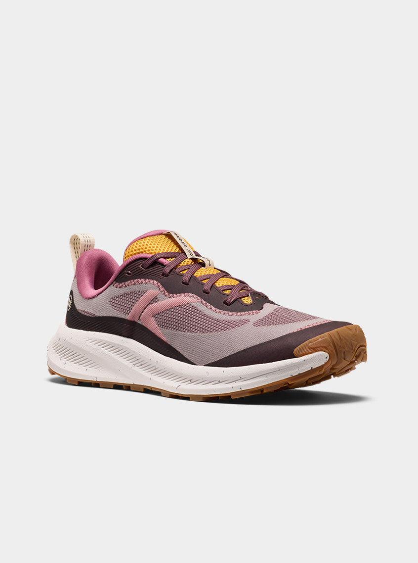Product shot of women's huckelberry and symphonic sunset Wander trail-running shoe.