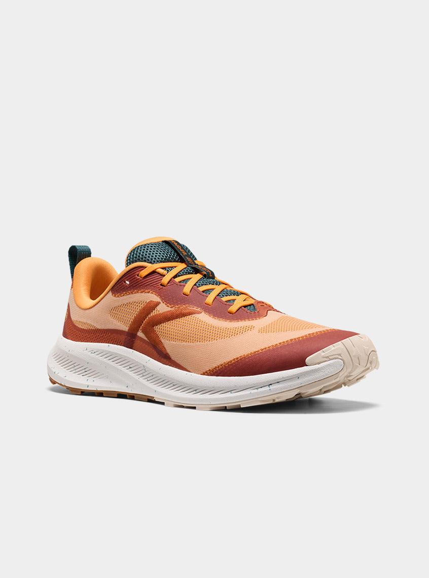 Product shot of men's fossil green and carrot orange Wander trail-running shoe.