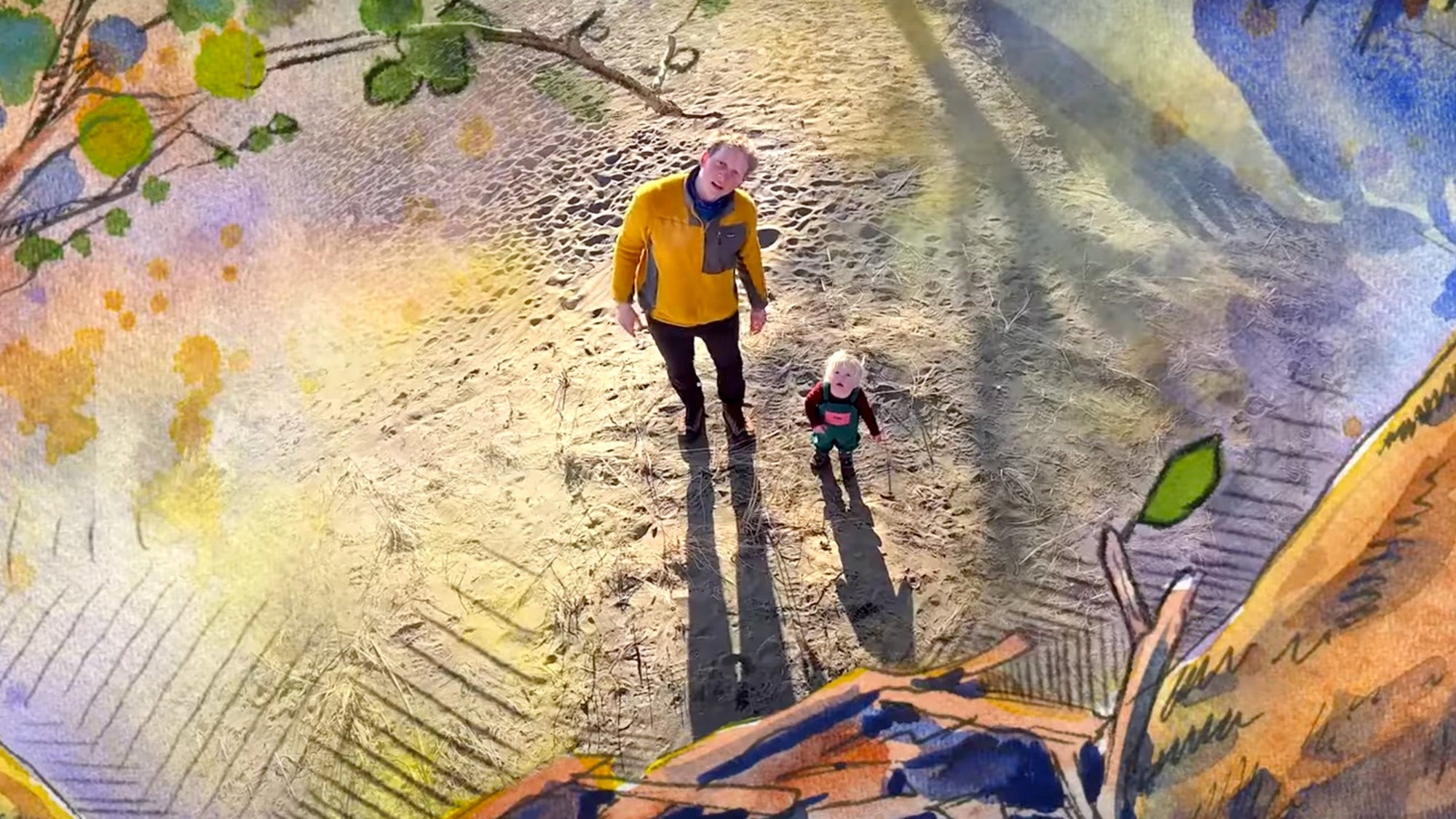 Two people walking on a path with a colorful, abstract background