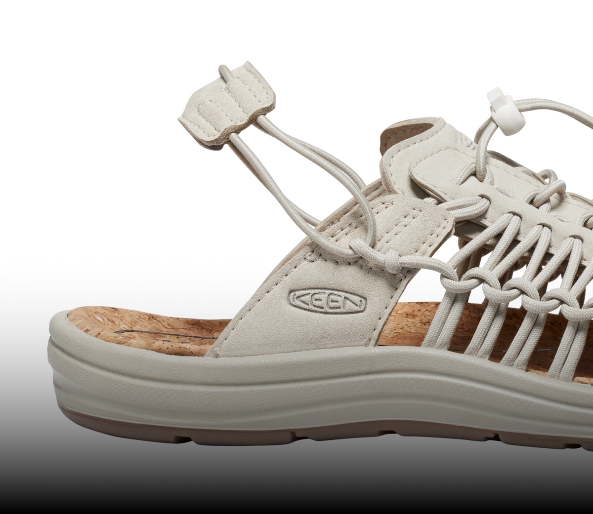 A close-up of a white KEEN UNEEK sandal.