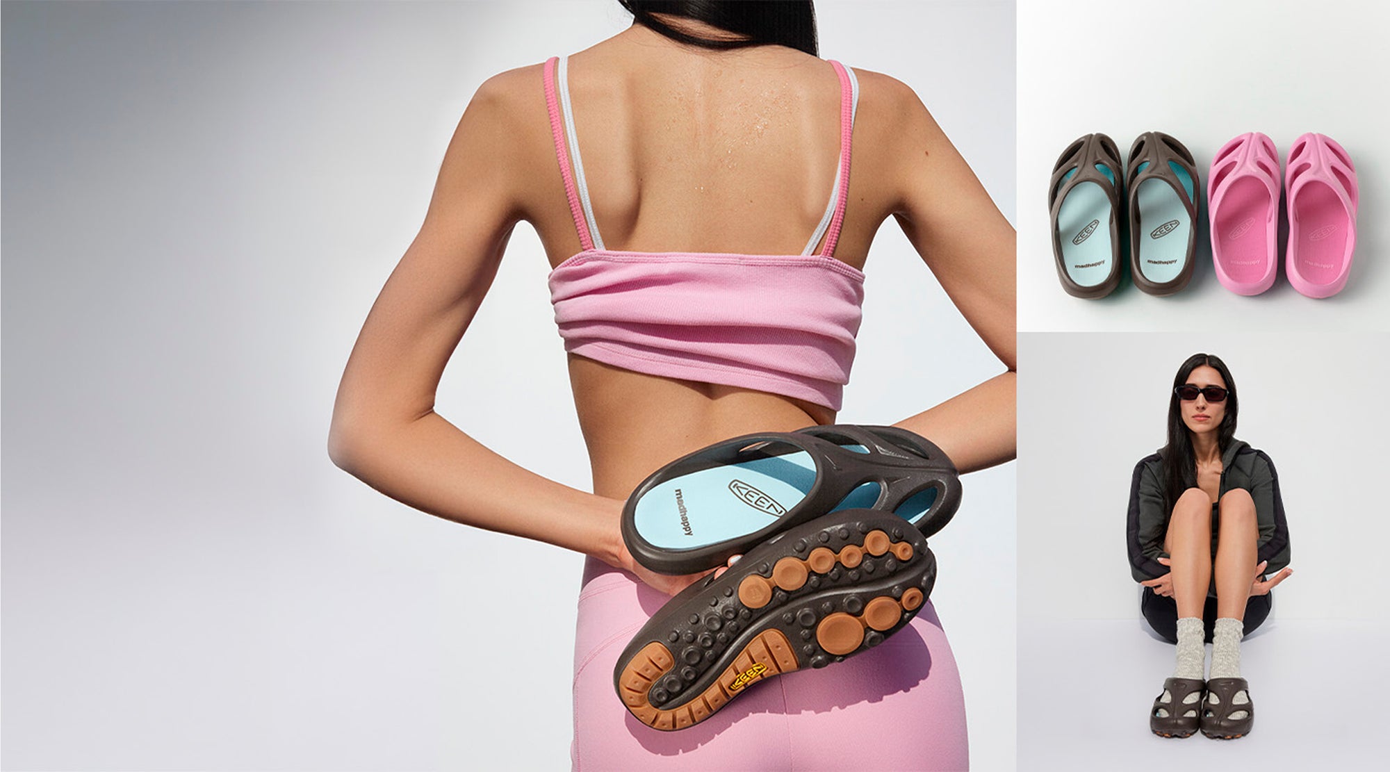 Collage of three photos; a large photo of a woman in a pink yoga outfit holding brown Madhappy collaboration Shanti sandals, a small photo of a brown pair and pink pair of Madhappy Shanti sandals, and a small photo of a woman in sunglasses and workout jacket wearing brown sandals with tan socks.