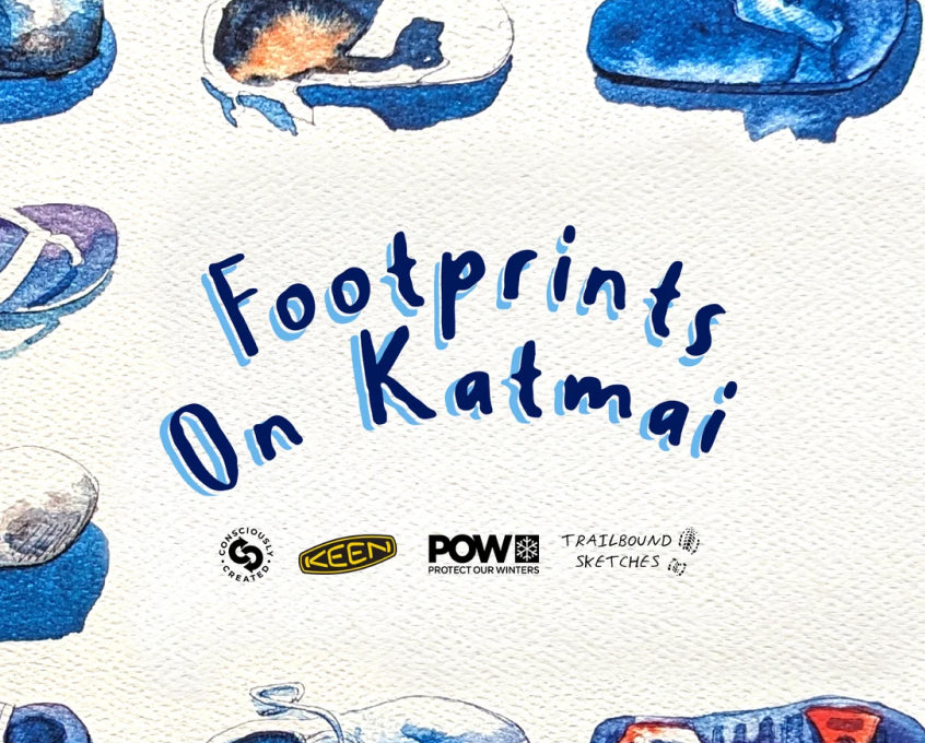 Poster for "Footprints On Katmai" featuring watercolor illustrations of various shoes and logos for KEEN, POW, and Trailbound Sketches.