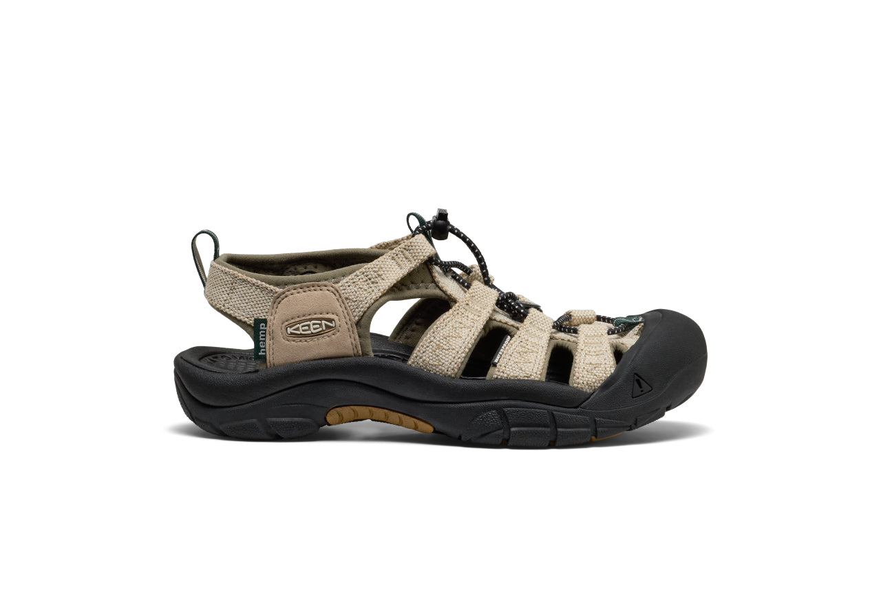 Studio product shot of men's tan KEEN x Gramicci collaboration hiking sandal against white background.