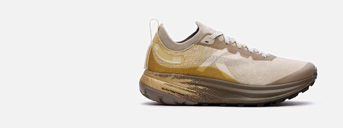 A rotating Gif of the metallic Seek running shoes against a white background, giving a 360 view of their shimmery effect. 