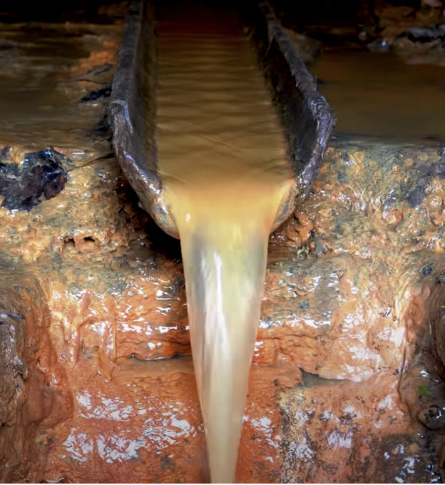 Murky, brown water pouring of a drain onto brick