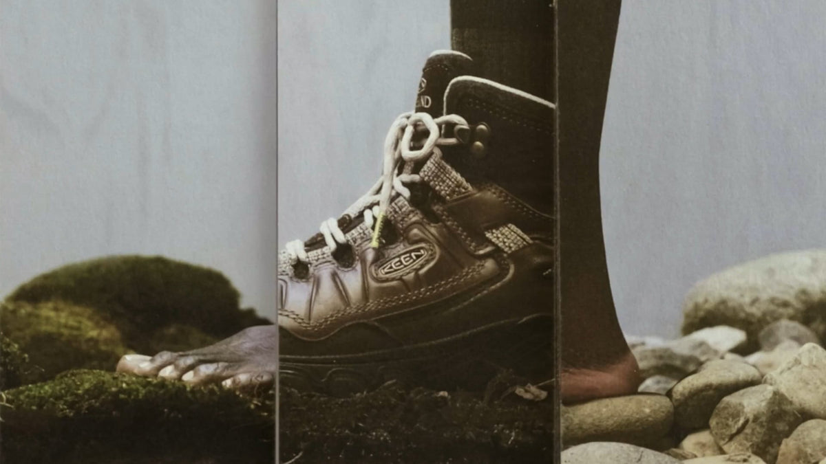 Collage of Hikerkind and Keen collaboration brown leather hiking boot wedged between 2 human foot photos